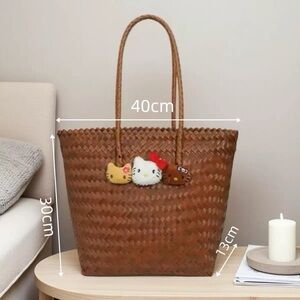 Woven Brown Tote Bag with Cute Charm Accents